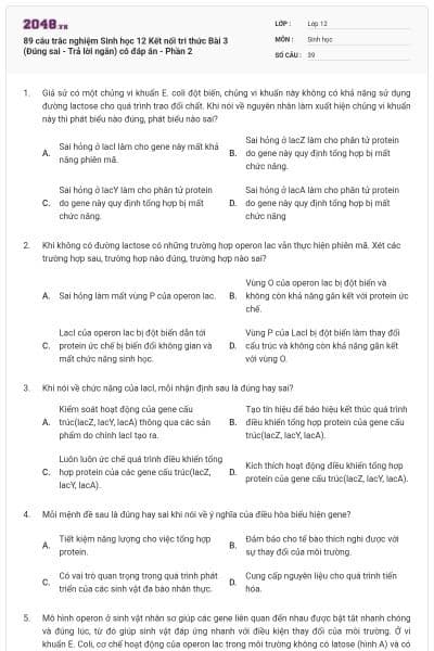 89 câu trắc nghiệm Sinh học 12 Kết nối tri thức Bài 3 (Đúng sai - Trả lời ngắn) có đáp án - Phần 2