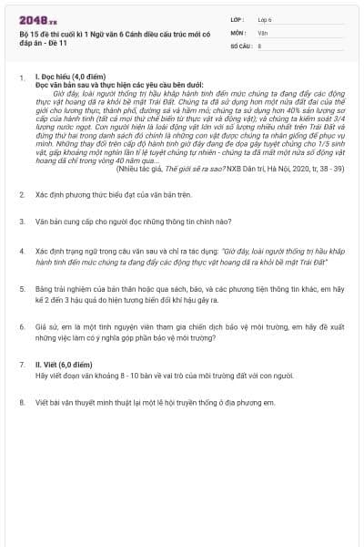 Bộ 15 đề thi cuối kì 1 Ngữ văn 6 Cánh diều cấu trúc mới có đáp án - Đề 11