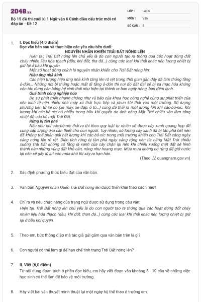 Bộ 15 đề thi cuối kì 1 Ngữ văn 6 Cánh diều cấu trúc mới có đáp án - Đề 12