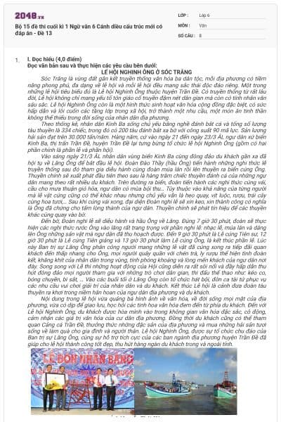 Bộ 15 đề thi cuối kì 1 Ngữ văn 6 Cánh diều cấu trúc mới có đáp án - Đề 13