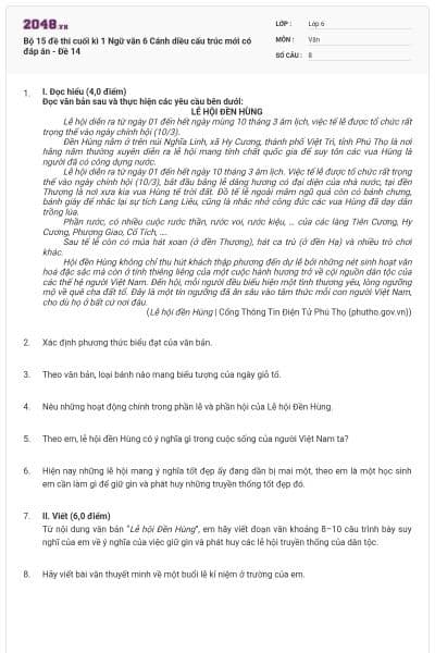 Bộ 15 đề thi cuối kì 1 Ngữ văn 6 Cánh diều cấu trúc mới có đáp án - Đề 14