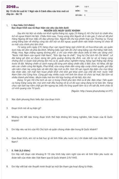 Bộ 15 đề thi cuối kì 1 Ngữ văn 6 Cánh diều cấu trúc mới có đáp án - Đề 15