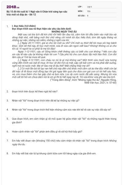 Bộ 15 đề thi cuối kì 1 Ngữ văn 6 Chân trời sáng tạo cấu trúc mới có đáp án - Đề 12