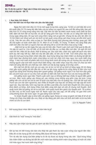Bộ 15 đề thi cuối kì 1 Ngữ văn 6 Chân trời sáng tạo cấu trúc mới có đáp án - Đề 15