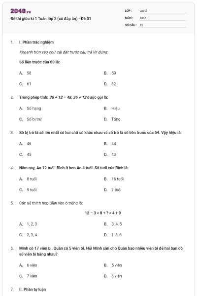 Đề thi giữa kì 1 Toán lớp 2 (có đáp án) - Đề 01