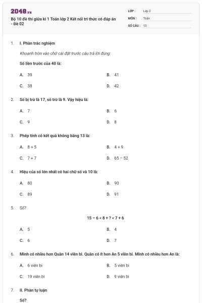 Bộ 10 đề thi giữa kì 1 Toán lớp 2 Kết nối tri thức có đáp án - Đề 02