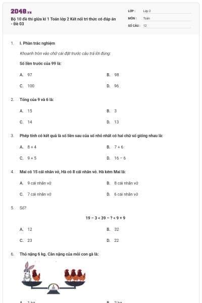 Bộ 10 đề thi giữa kì 1 Toán lớp 2 Kết nối tri thức có đáp án - Đề 03