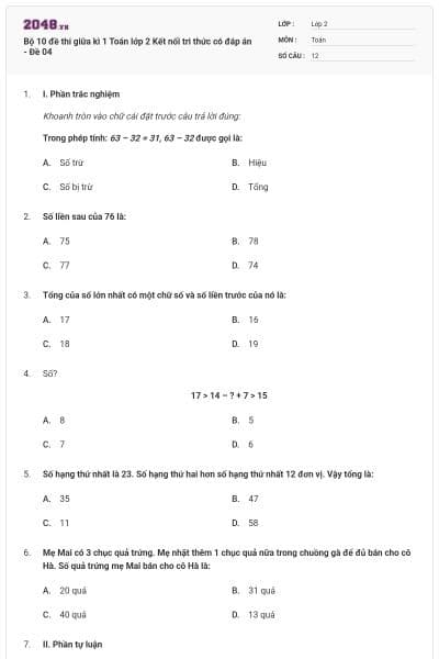 Bộ 10 đề thi giữa kì 1 Toán lớp 2 Kết nối tri thức có đáp án - Đề 04