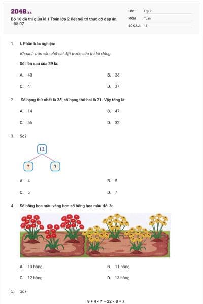 Bộ 10 đề thi giữa kì 1 Toán lớp 2 Kết nối tri thức có đáp án - Đề 07