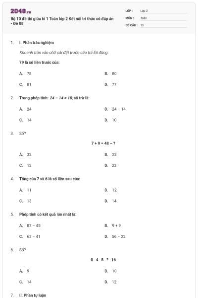 Bộ 10 đề thi giữa kì 1 Toán lớp 2 Kết nối tri thức có đáp án - Đề 08