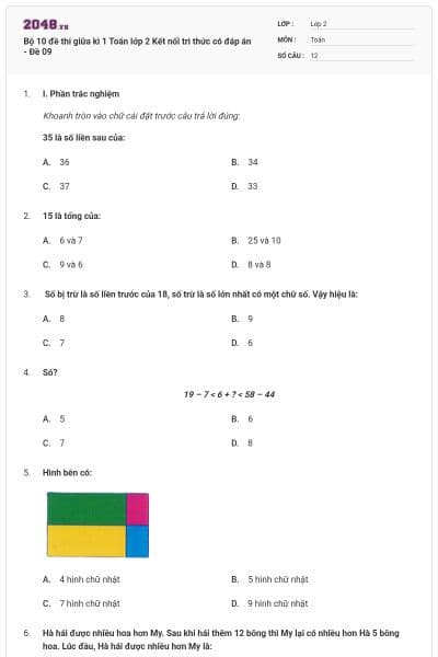 Bộ 10 đề thi giữa kì 1 Toán lớp 2 Kết nối tri thức có đáp án - Đề 09