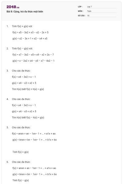 Bài 8: Cộng, trừ đa thức một biến
