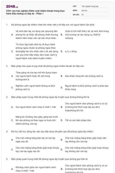 520+ câu trắc nghiệm Kiểm soát nhiễm khuẩn trong thực hành điều dưỡng có đáp án - Phần 1