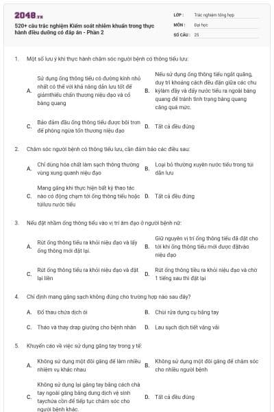 520+ câu trắc nghiệm Kiểm soát nhiễm khuẩn trong thực hành điều dưỡng có đáp án - Phần 2