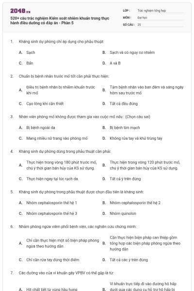 520+ câu trắc nghiệm Kiểm soát nhiễm khuẩn trong thực hành điều dưỡng có đáp án - Phần 5