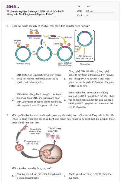 71 câu trắc nghiệm Sinh học 12 Kết nối tri thức Bài 5 (Đúng sai - Trả lời ngắn) có đáp án - Phần 2