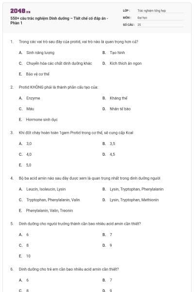 550+ câu trắc nghiệm Dinh dưỡng – Tiết chế có đáp án - Phần 1