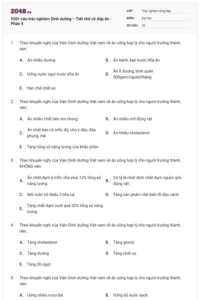 550+ câu trắc nghiệm Dinh dưỡng – Tiết chế có đáp án - Phần 4