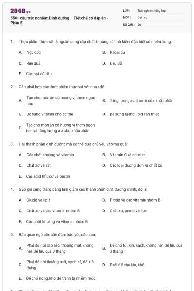 550+ câu trắc nghiệm Dinh dưỡng – Tiết chế có đáp án - Phần 5