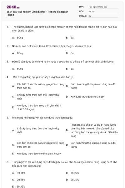 550+ câu trắc nghiệm Dinh dưỡng – Tiết chế có đáp án - Phần 6