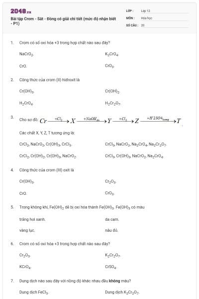 Bài tập Crom - Sắt - Đồng có giải chi tiết (mức độ nhận biết - P1)