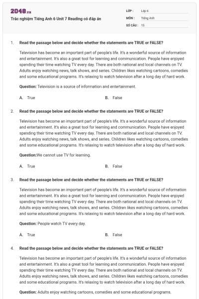 Trắc nghiệm Tiếng Anh 6 Unit 7 Reading có đáp án