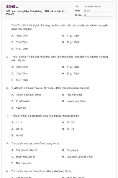 550+ câu trắc nghiệm Dinh dưỡng – Tiết chế có đáp án - Phần 9