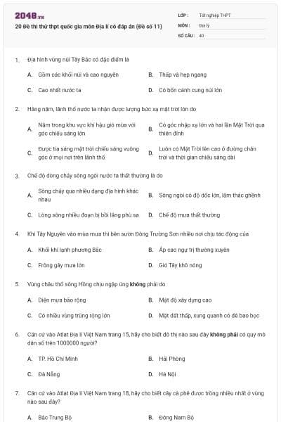 20 Đề thi thử thpt quốc gia môn Địa lí có đáp án (Đề số 11)