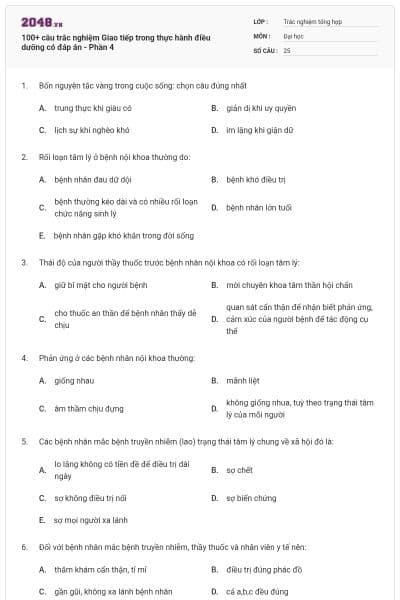 100+ câu trắc nghiệm Giao tiếp trong thực hành điều dưỡng có đáp án - Phần 4