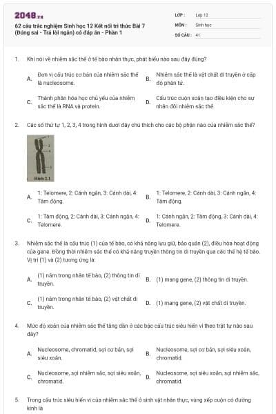 62 câu trắc nghiệm Sinh học 12 Kết nối tri thức Bài 7 (Đúng sai - Trả lời ngắn) có đáp án - Phần 1