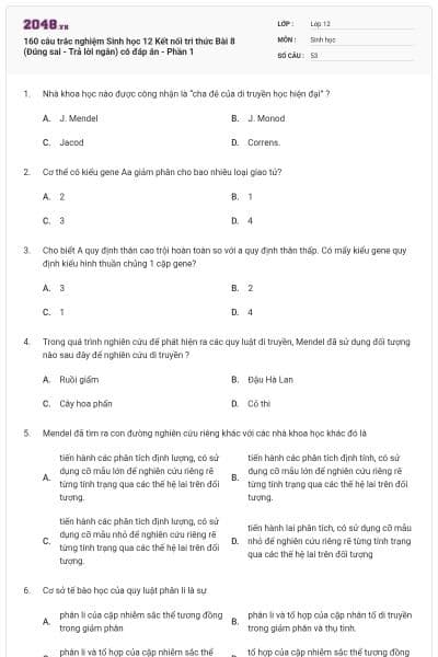 160 câu trắc nghiệm Sinh học 12 Kết nối tri thức Bài 8 (Đúng sai - Trả lời ngắn) có đáp án - Phần 1