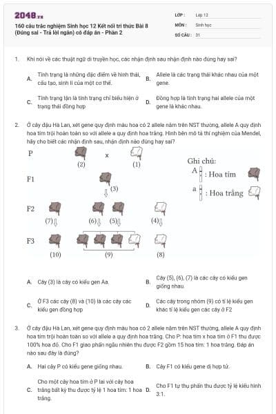 160 câu trắc nghiệm Sinh học 12 Kết nối tri thức Bài 8 (Đúng sai - Trả lời ngắn) có đáp án - Phần 2