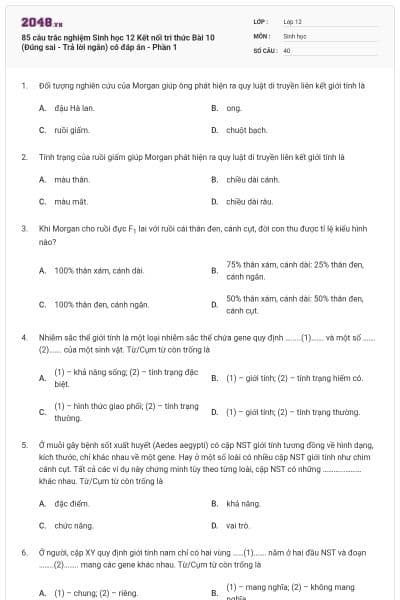 85 câu trắc nghiệm Sinh học 12 Kết nối tri thức Bài 10 (Đúng sai - Trả lời ngắn) có đáp án - Phần 1