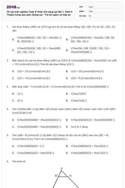 20 câu trắc nghiệm Toán 8 Chân trời sáng tạo Bài 1. Định lí Thalès trong tam giác (Đúng sai - Trả lời ngắn) có đáp án