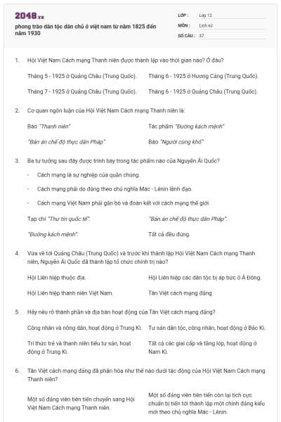 phong trào dân tộc dân chủ ở việt nam từ năm 1825 đến năm 1930