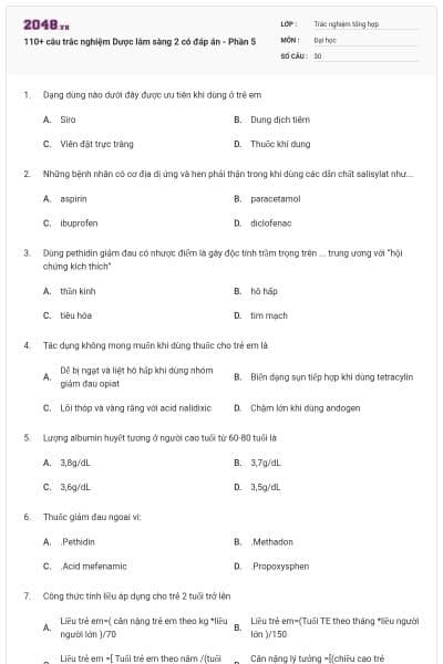 110+ câu trắc nghiệm Dược lâm sàng 2 có đáp án - Phần 5