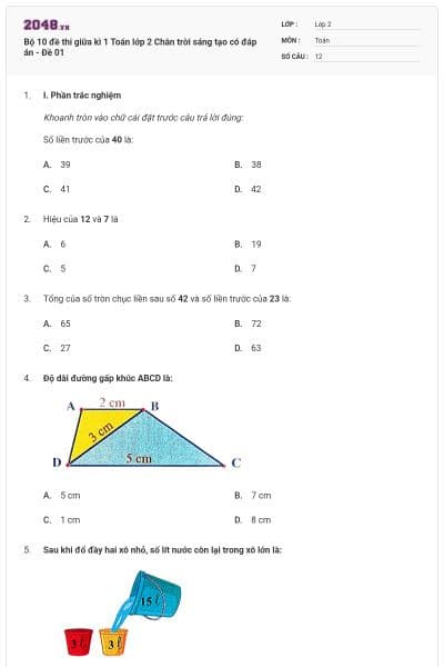 Bộ 10 đề thi giữa kì 1 Toán lớp 2 Chân trời sáng tạo có đáp án - Đề 01