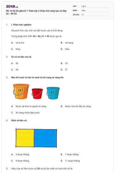 Bộ 10 đề thi giữa kì 1 Toán lớp 2 Chân trời sáng tạo có đáp án - Đề 02