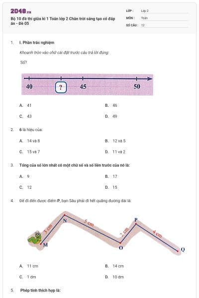 Bộ 10 đề thi giữa kì 1 Toán lớp 2 Chân trời sáng tạo có đáp án - Đề 05