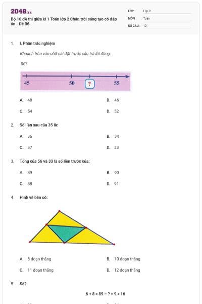 Bộ 10 đề thi giữa kì 1 Toán lớp 2 Chân trời sáng tạo có đáp án - Đề 06