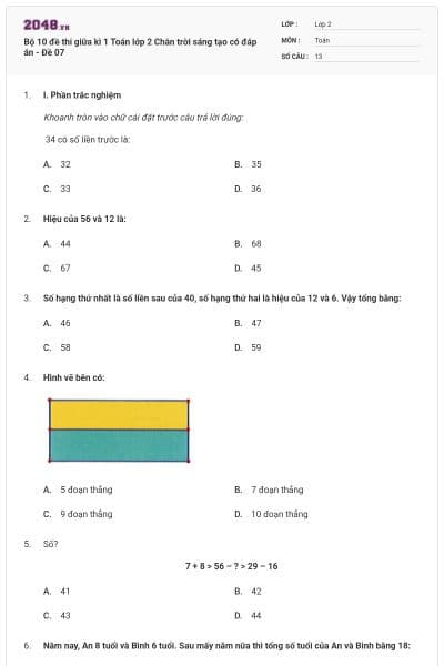 Bộ 10 đề thi giữa kì 1 Toán lớp 2 Chân trời sáng tạo có đáp án - Đề 07