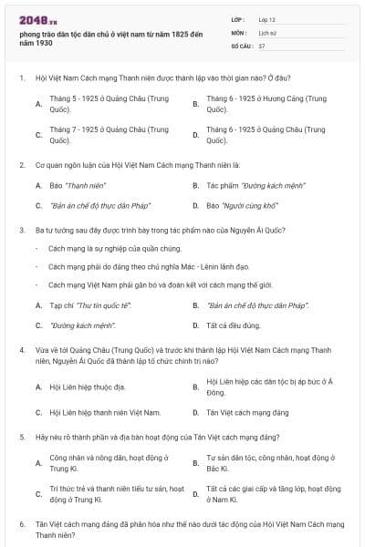 phong trào dân tộc dân chủ ở việt nam từ năm 1825 đến năm 1930