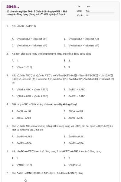 20 câu trắc nghiệm Toán 8 Chân trời sáng tạo Bài 1. Hai tam giác đồng dạng (Đúng sai - Trả lời ngắn) có đáp án