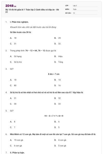 Bộ 10 đề thi giữa kì 1 Toán lớp 2 Cánh diều có đáp án - Đề 01