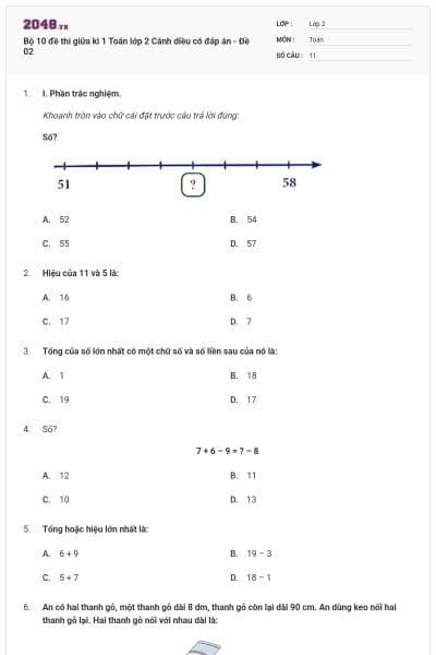 Bộ 10 đề thi giữa kì 1 Toán lớp 2 Cánh diều có đáp án - Đề 02