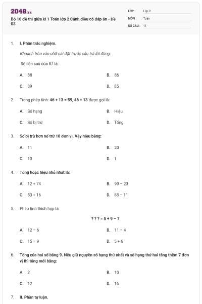 Bộ 10 đề thi giữa kì 1 Toán lớp 2 Cánh diều có đáp án - Đề 03