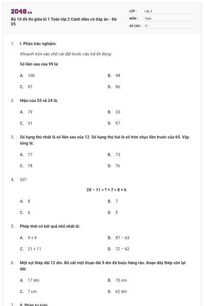 Bộ 10 đề thi giữa kì 1 Toán lớp 2 Cánh diều có đáp án - Đề 05