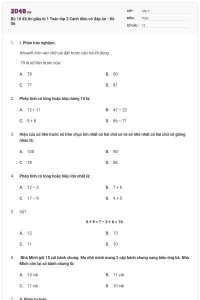 Bộ 10 đề thi giữa kì 1 Toán lớp 2 Cánh diều có đáp án - Đề 06