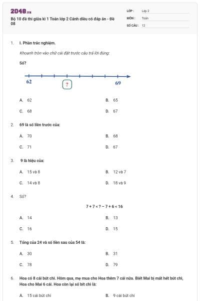 Bộ 10 đề thi giữa kì 1 Toán lớp 2 Cánh diều có đáp án - Đề 08