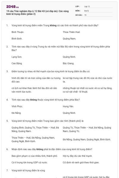 19 câu Trắc nghiệm Địa Lí 12 Bài 43 (có đáp án): Các vùng kinh tế trọng điểm (phần 2)